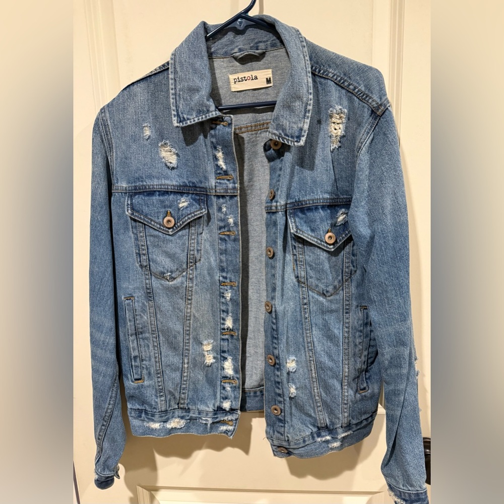 Pistola Women’s Blue Denim Distressed Button Up Cotton Jean Denim Jacket sz M